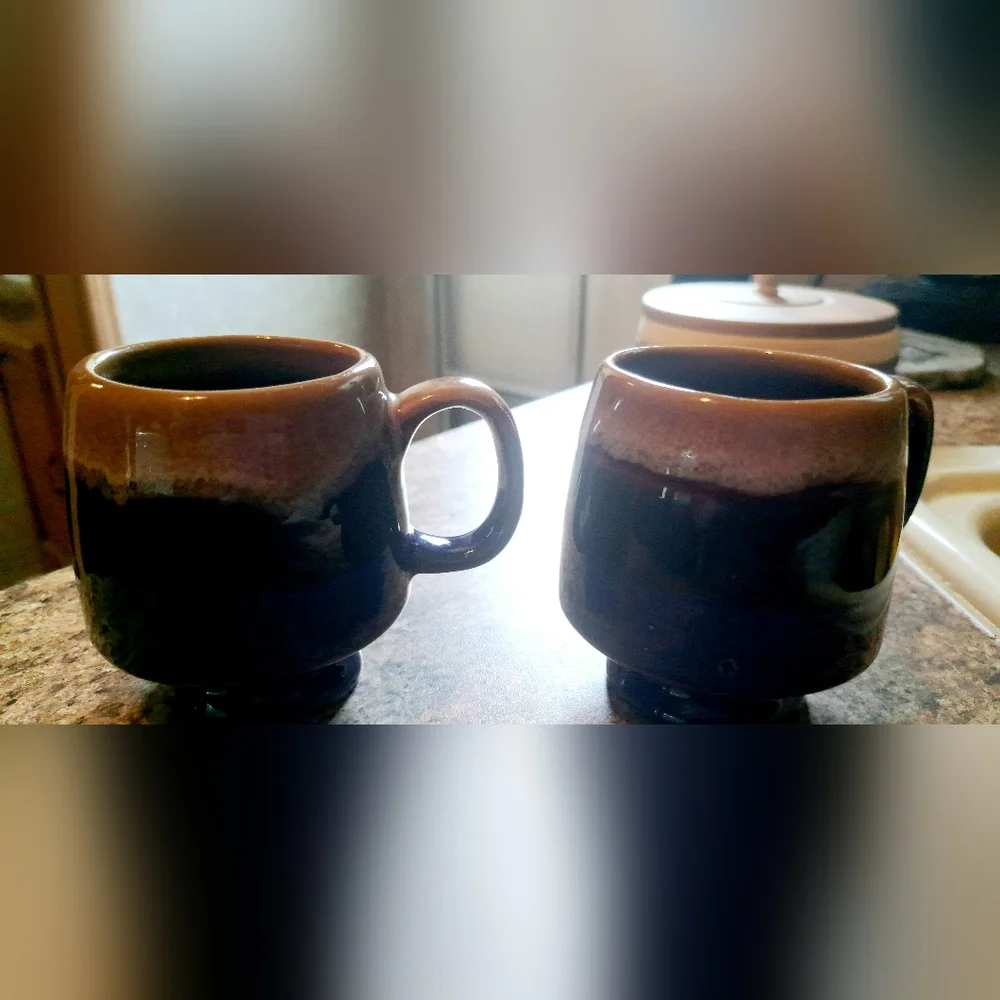 Vtg Retro Drip Glaze High Gloss Stoneware Coffee Tea Cup Mug Blue Brown Cream 2